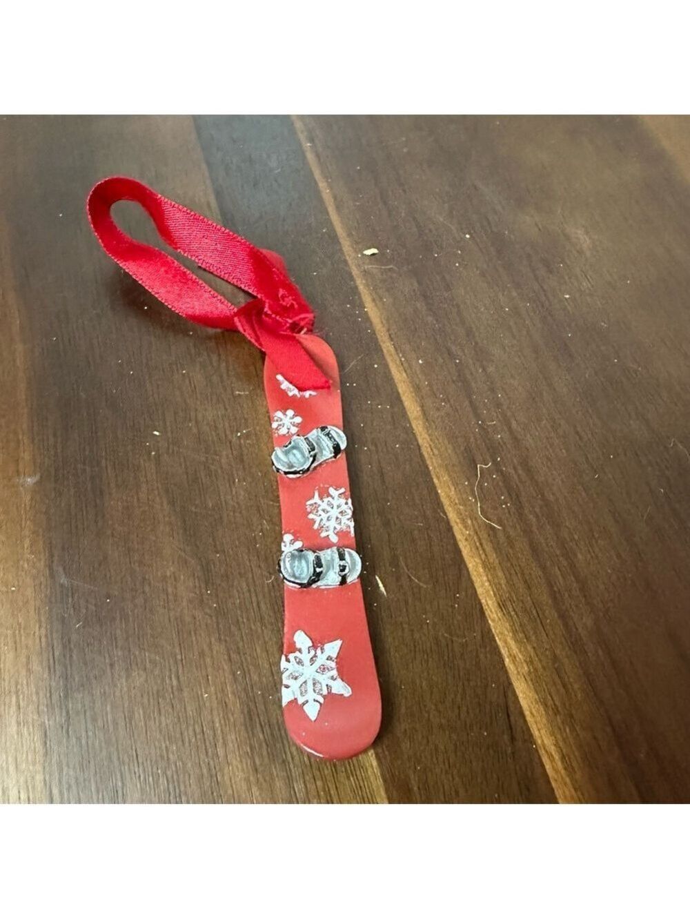 Mini Wooden Ski Christmas Ornament Red | Snowflake Design + Ribbon Hanger
